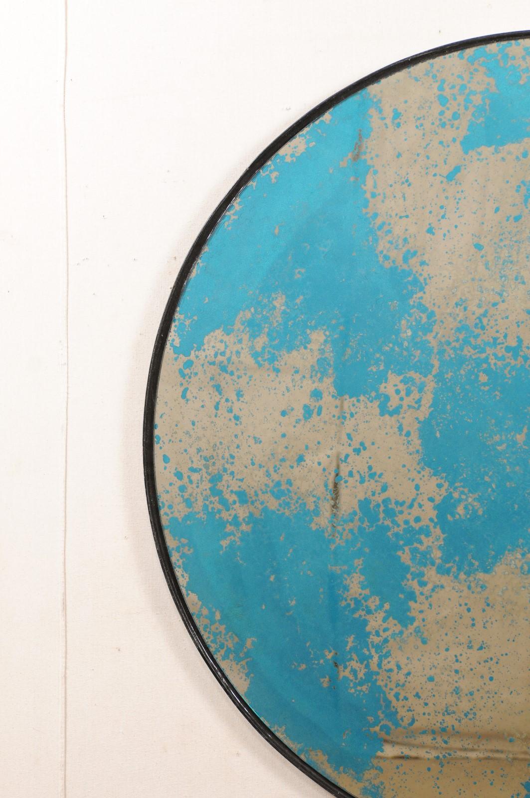 Artisan Crafted Round-Shaped Mirror with Blue/Green Antiqued Glass In Good Condition For Sale In Atlanta, GA