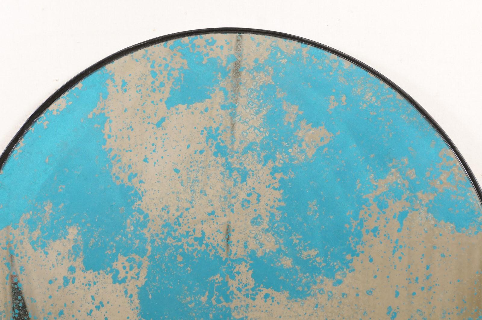 Contemporary Stunning Blue/Green Artisan Hand Crafted Round Mirror + Antiqued Glass For Sale