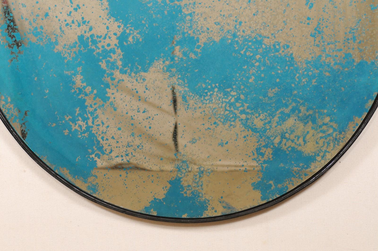 Miroir rond artisanal avec verre vieilli bleu/vert en vente 1