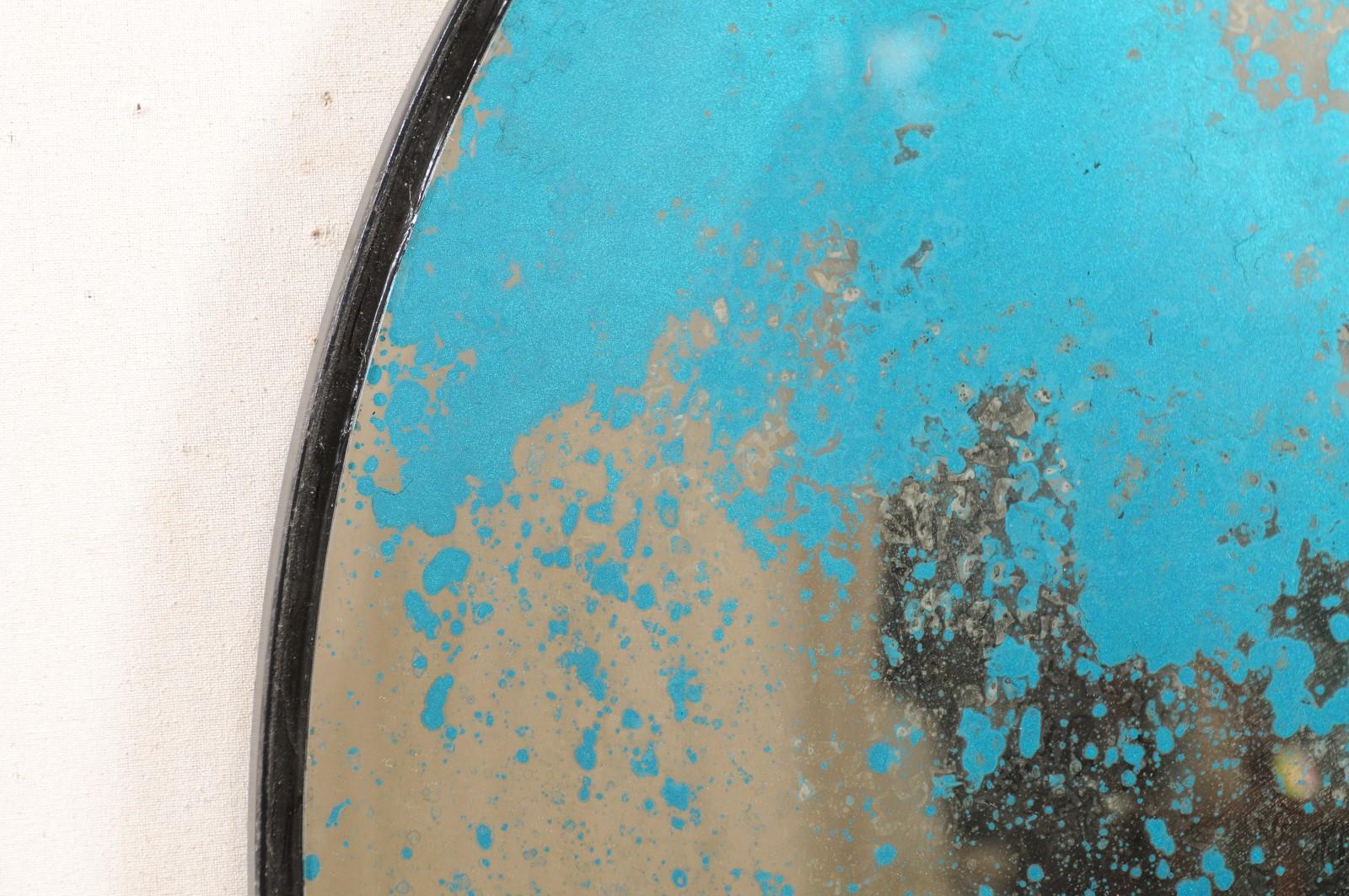 Miroir rond artisanal avec verre vieilli bleu/vert en vente 2