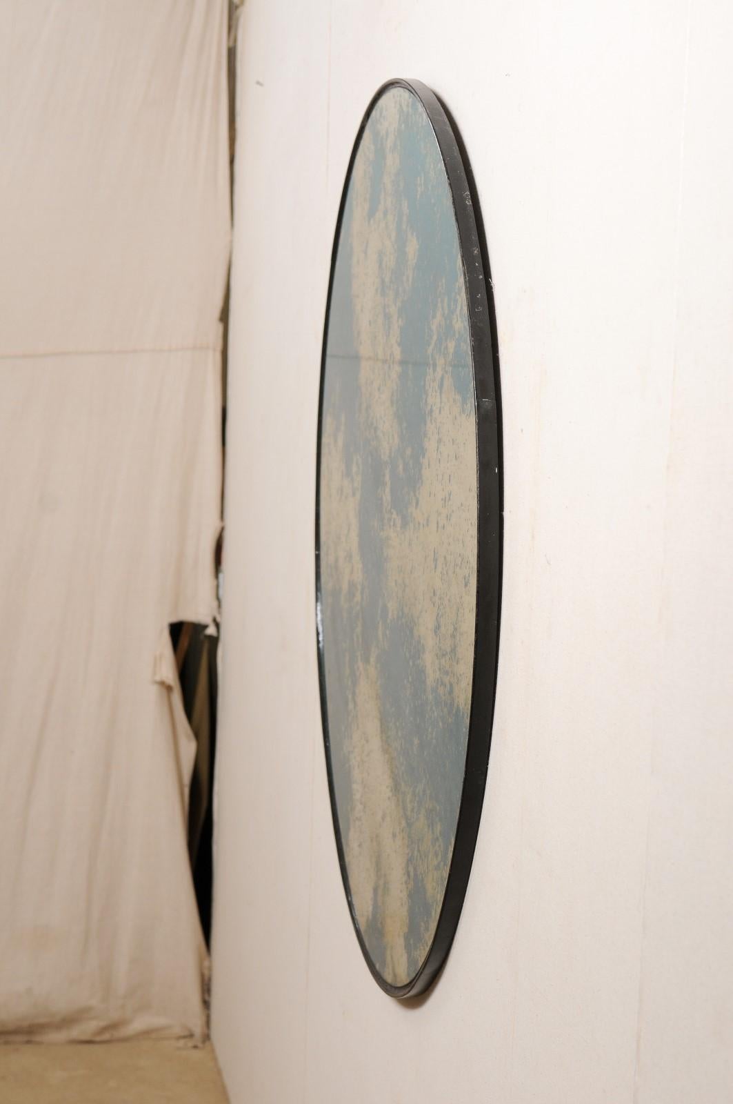 Artisan Crafted Round-Shaped Mirror with Blue/Green Antiqued Glass For Sale 3