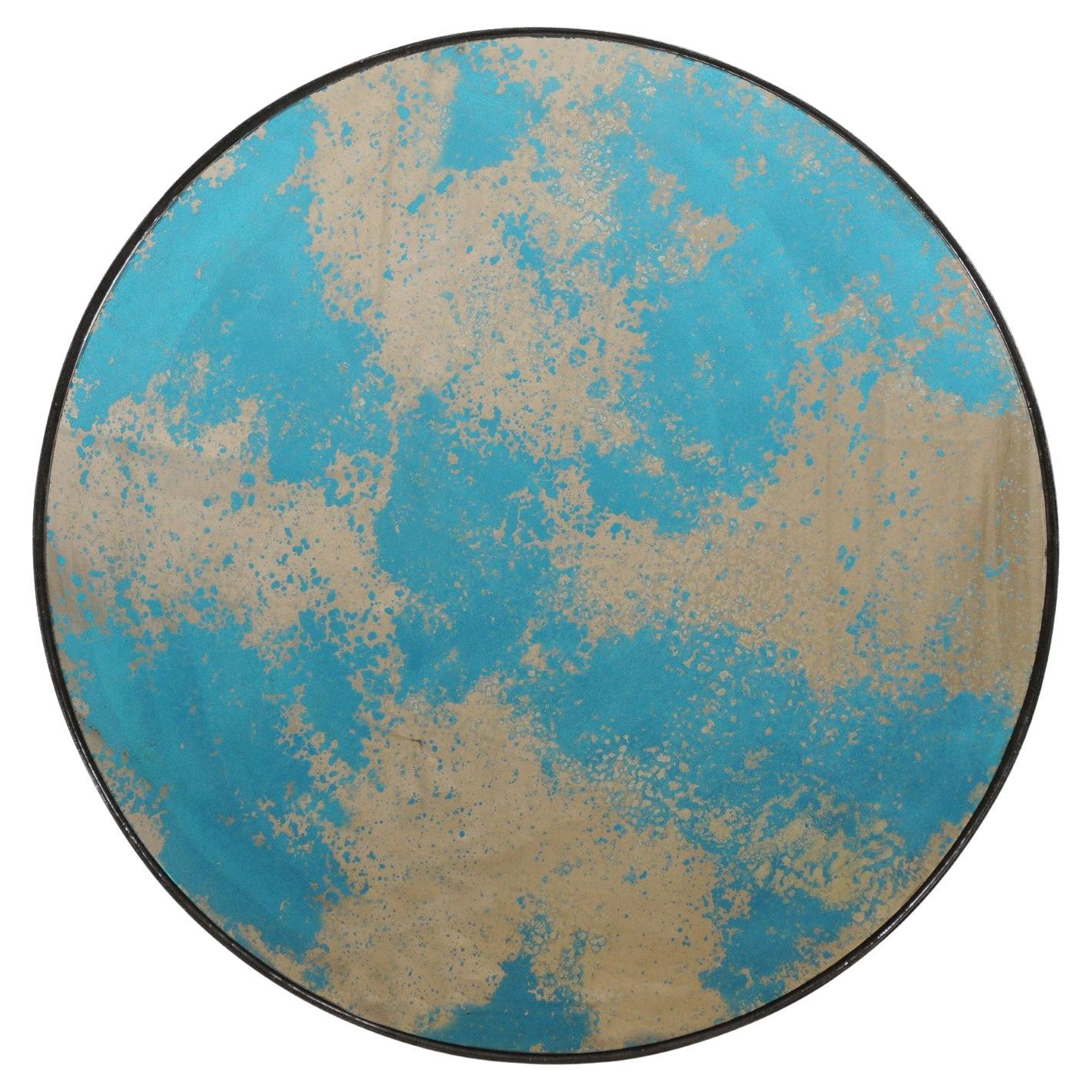 Artisan Crafted Round-Shaped Mirror with Blue/Green Antiqued Glass