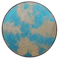 Kunsthandwerklich gefertigter runder Spiegel mit blau/grünem antikem Glas