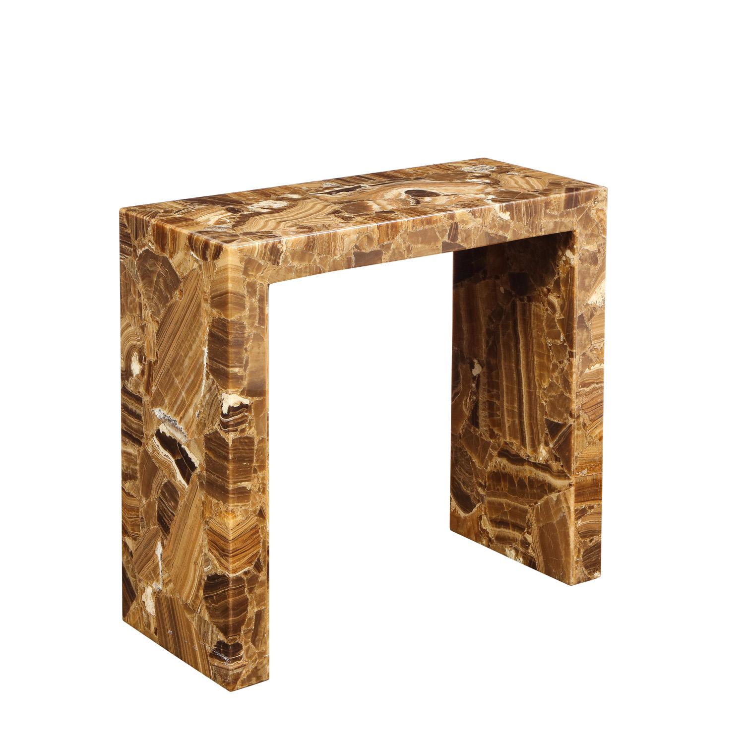 Beautifully made console table in polished tessellated onyx with continuous design, custom made, American 1970's. The onyx is continuous from the sides to the top. This design is very luxurious and chic.