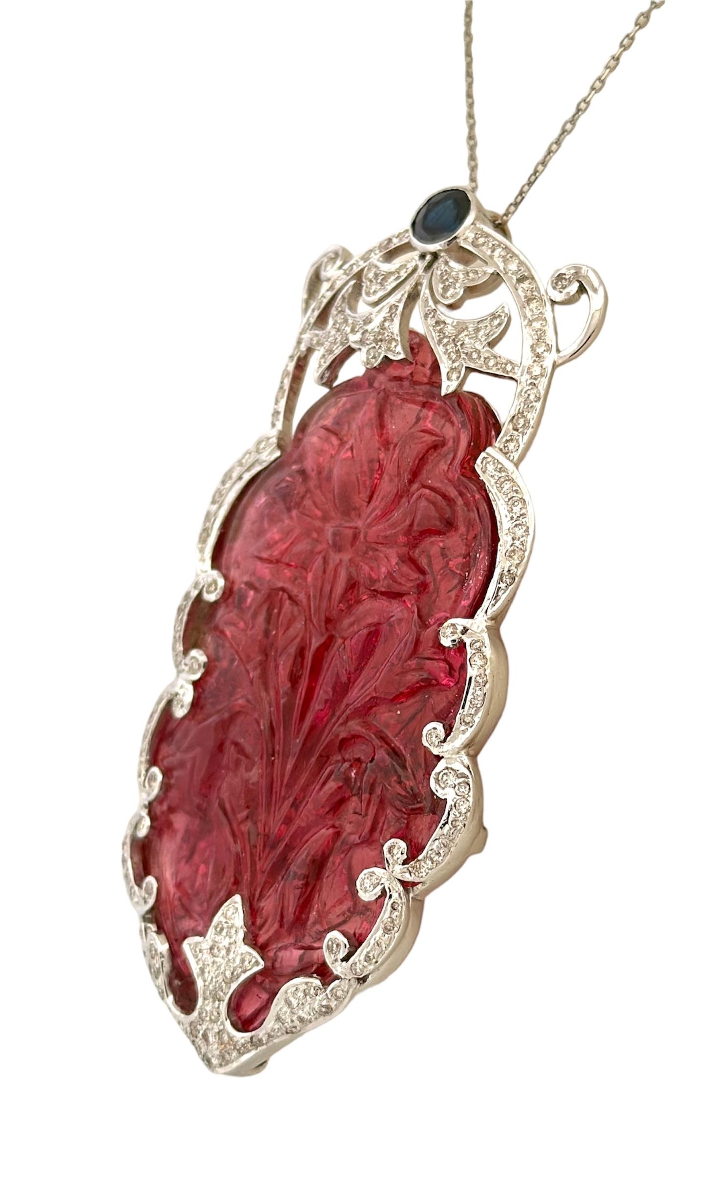 Retro Artisan-Crafted Elegance: Hand-Engraved Tourmaline Pendant For Sale