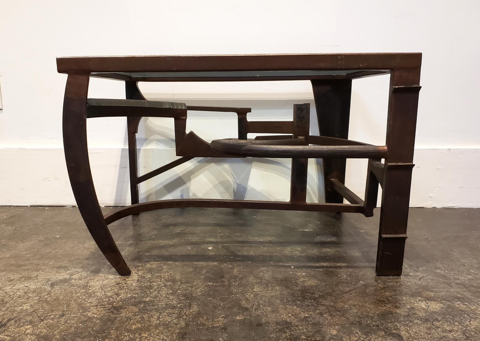 North American Artisan Crafted Iron and Glass Side Table Postmodern Brutalist For Sale