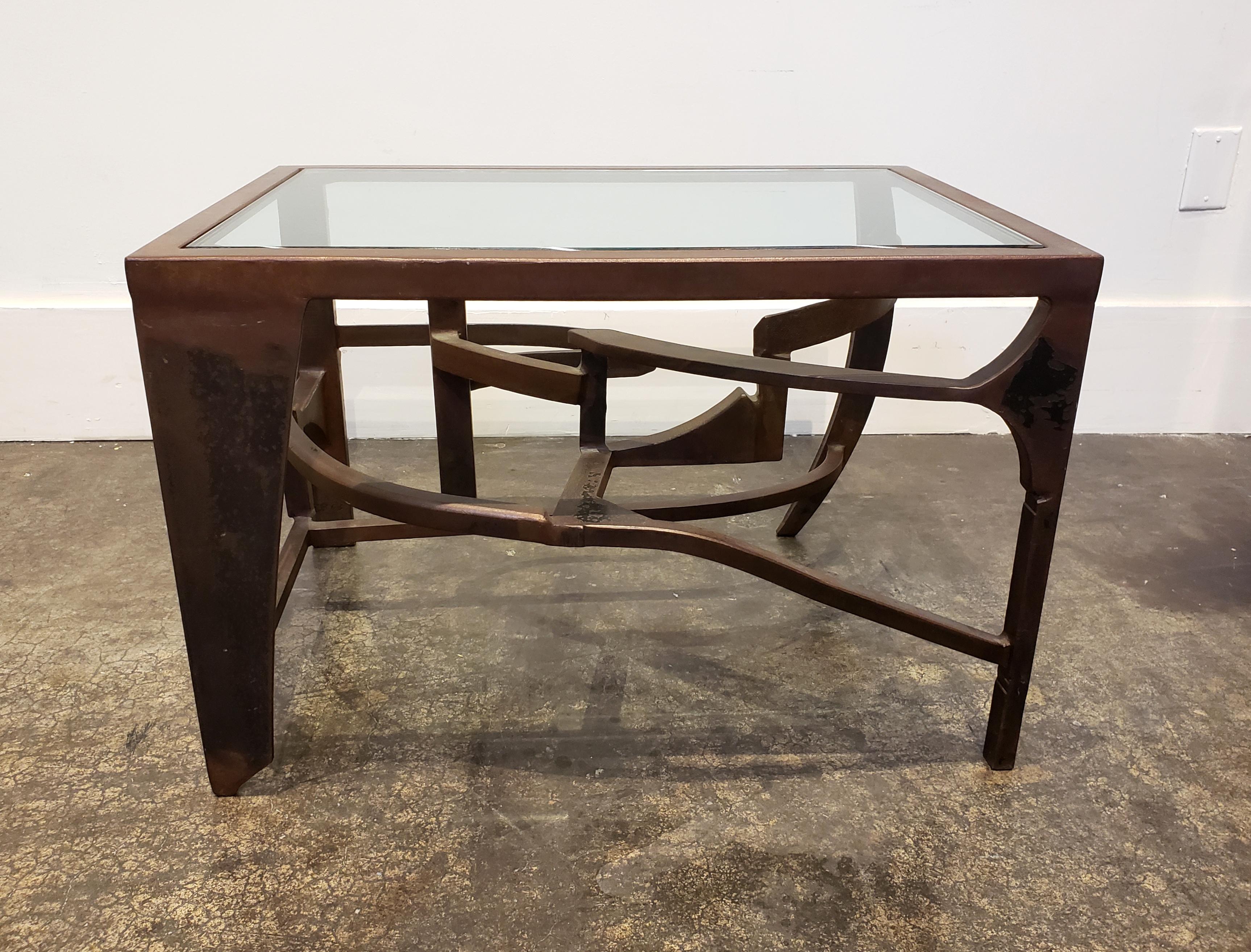 Artisan Crafted Iron and Glass Side Table Postmodern Brutalist For Sale 1