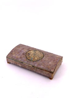 Artisan Crafted Mexican Mosaic Jewelry Box in Brass & Tiles with Aztec Calendar