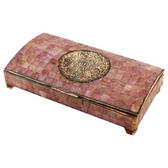 Vintage Artisan Crafted Mexican Mosaic Jewelry Box in Brass & Tiles with Aztec Calendar