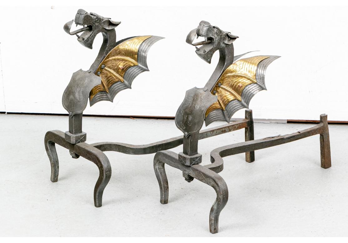Artisan Crafted Mixed Metal Griffin Form Andirons For Sale 5