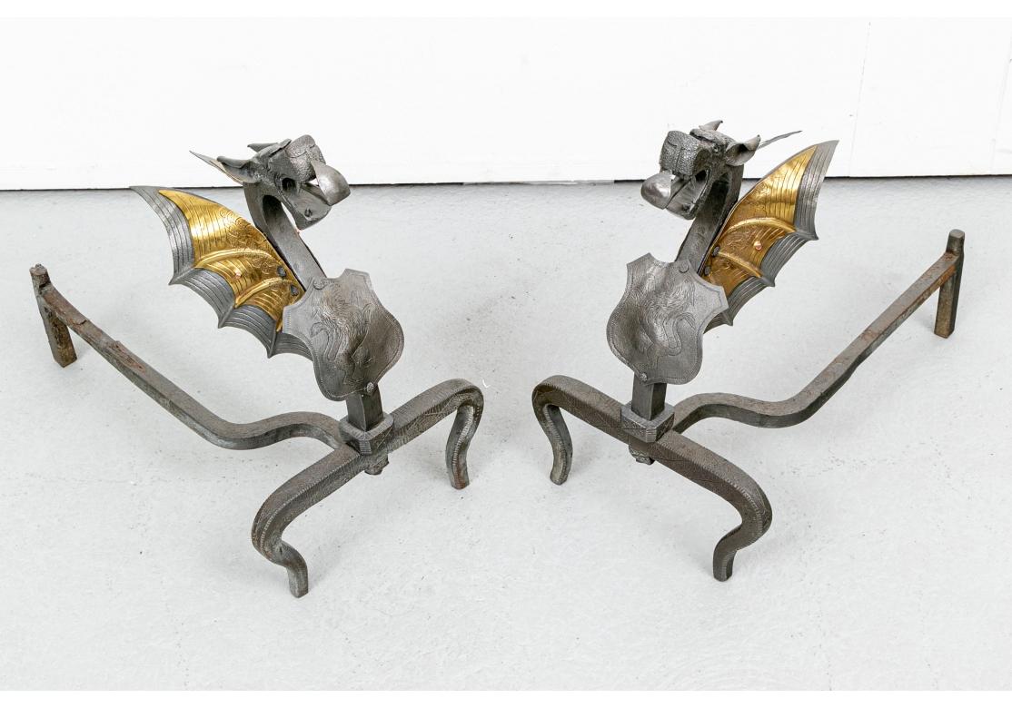 Iron Artisan Crafted Mixed Metal Griffin Form Andirons For Sale