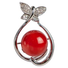 Artisan Crafted Natural Red Coral & Diamond Pendant in 14K Gold