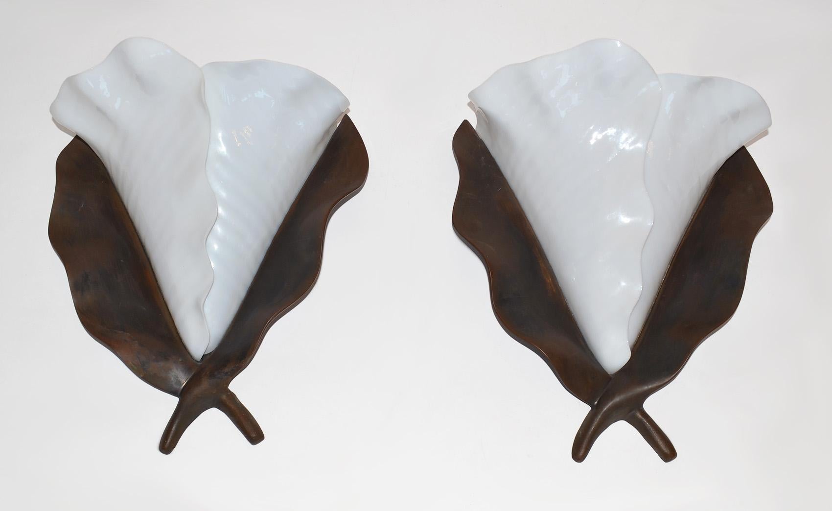 American Artisan-crafted Organic Bronze and Glass Sconces by Hilliard Lamps, USA, 1980s For Sale
