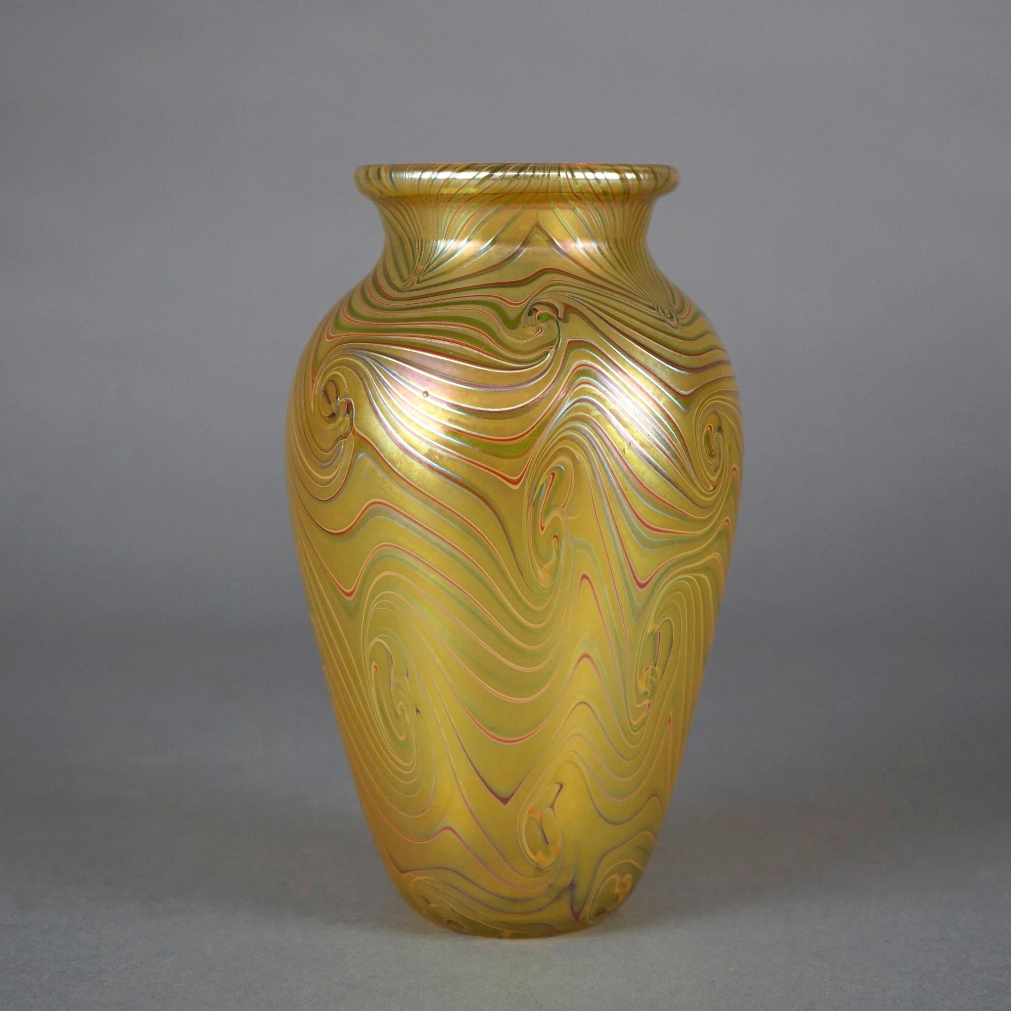 American Artisan Crafted Orient & Flume Gold & Chocolate Art Glass Vase, Signed, 20th C