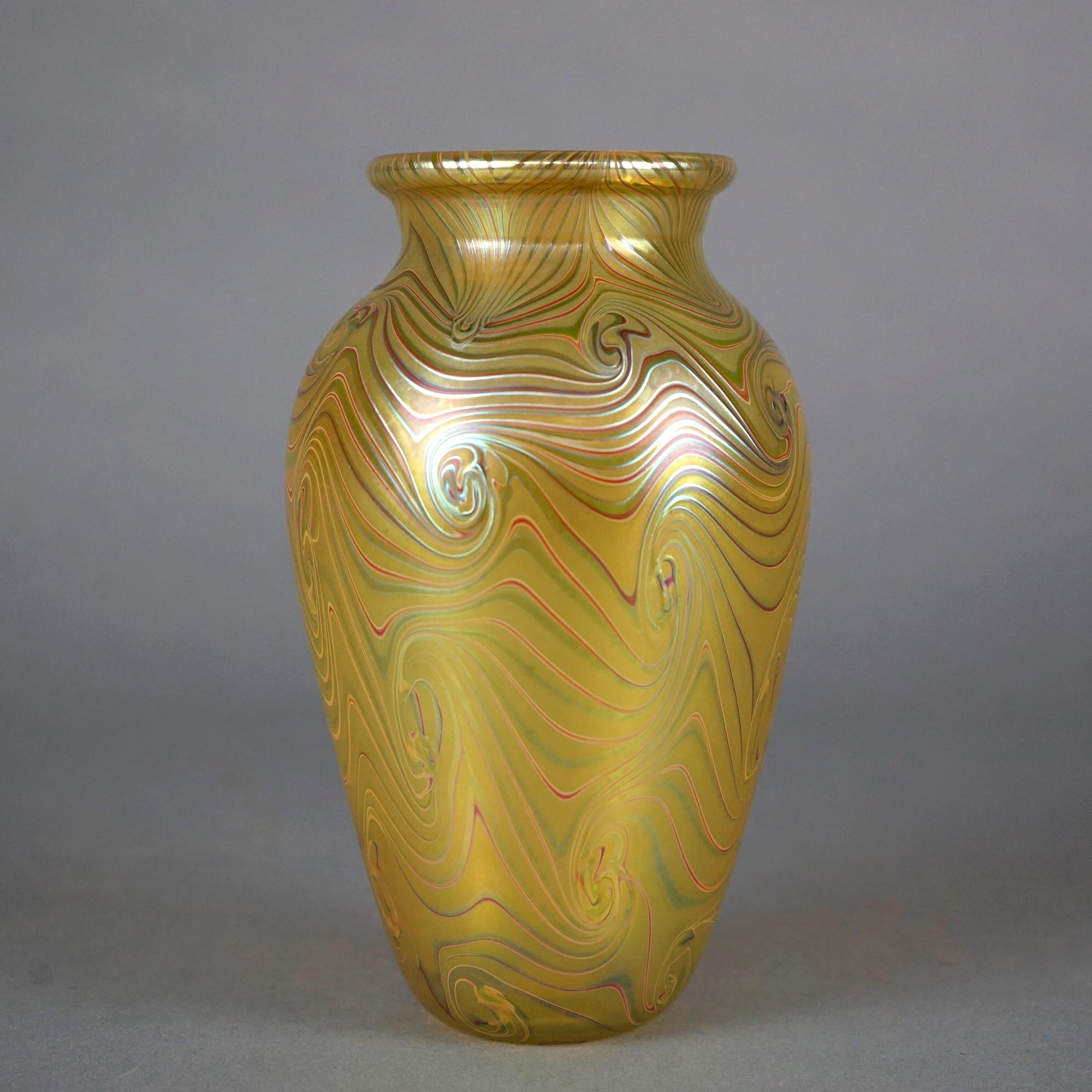 Hand-Crafted Artisan Crafted Orient & Flume Gold & Chocolate Art Glass Vase, Signed, 20th C