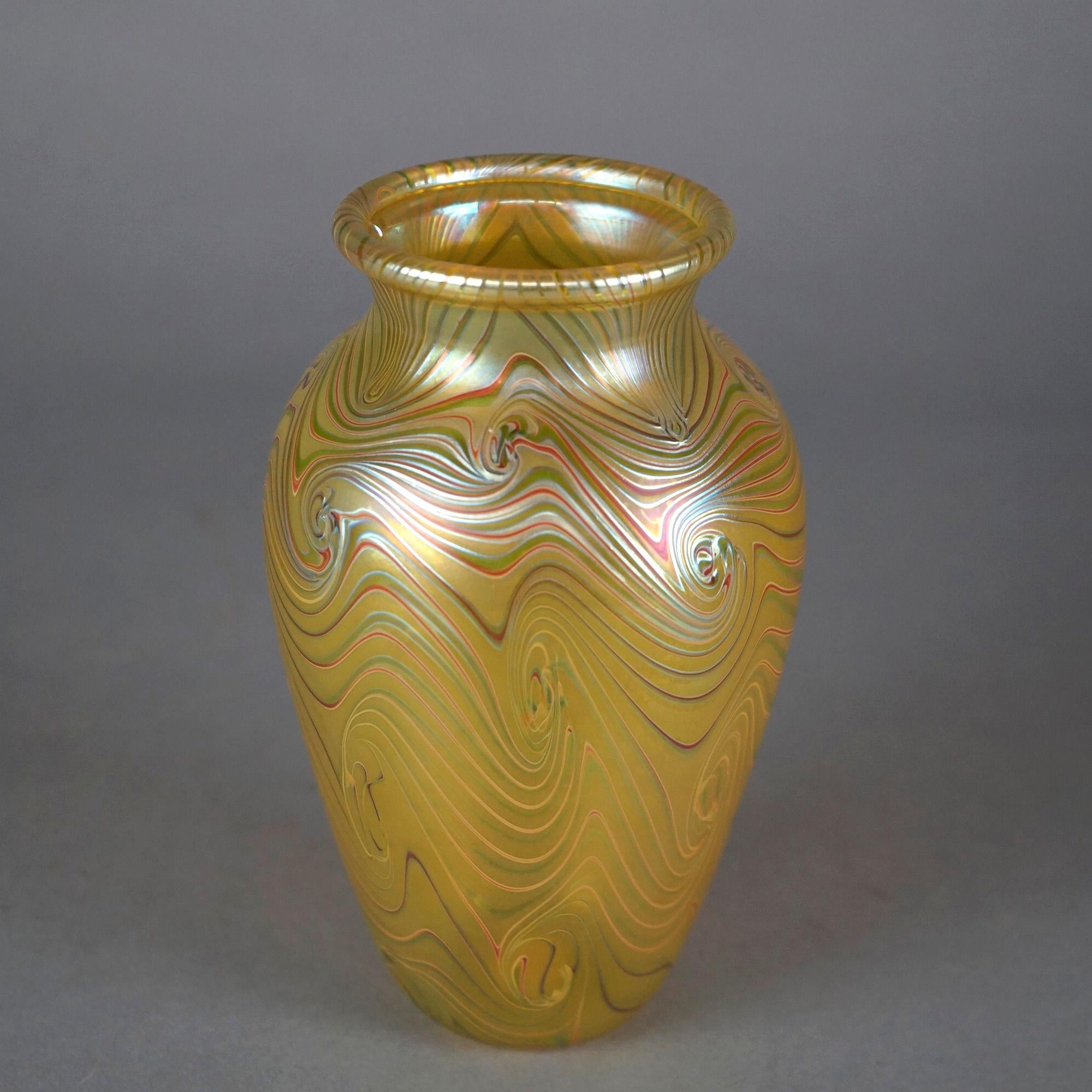 Artisan Crafted Orient & Flume Gold & Chocolate Art Glass Vase, Signed, 20th C In Good Condition In Big Flats, NY