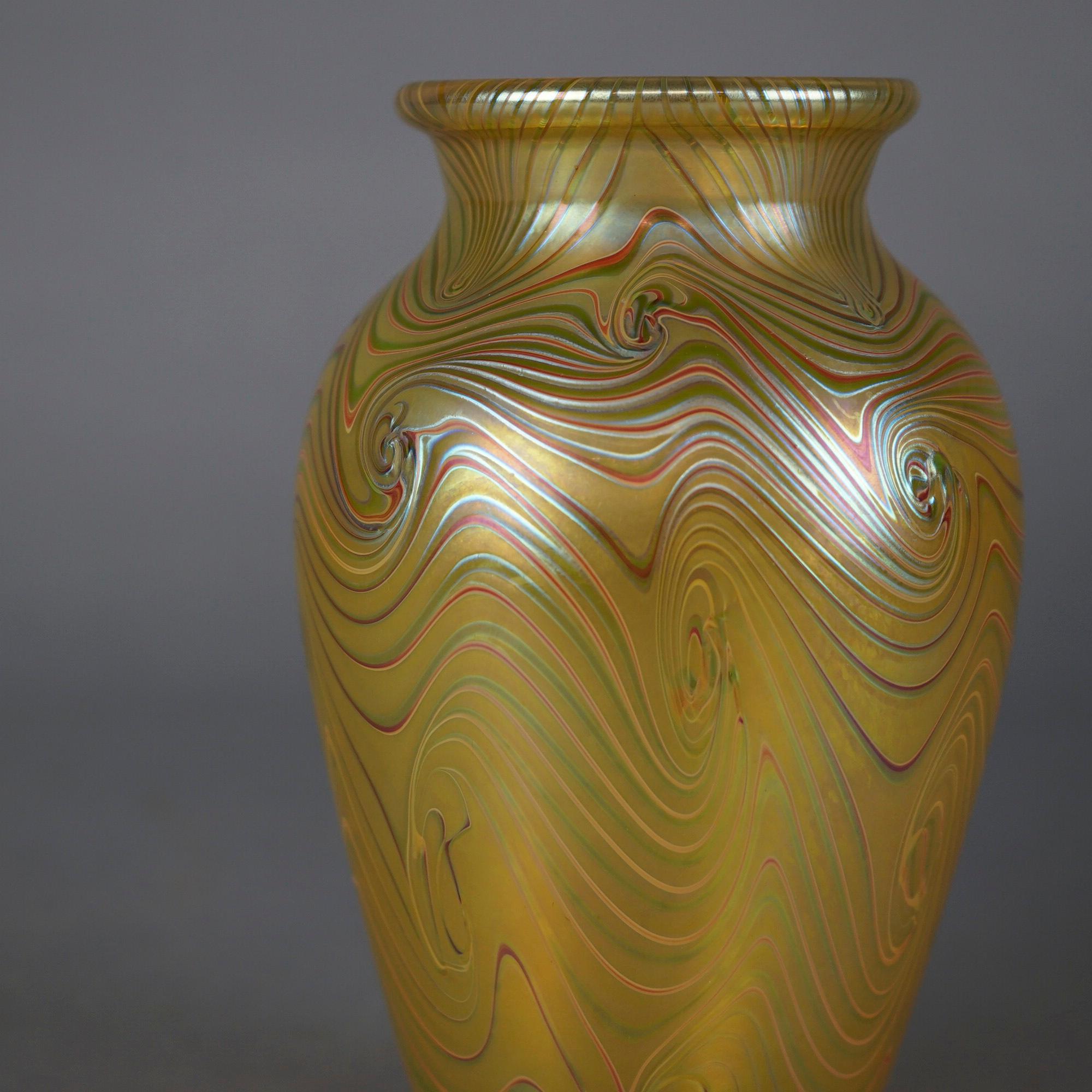 20th Century Artisan Crafted Orient & Flume Gold & Chocolate Art Glass Vase, Signed, 20th C