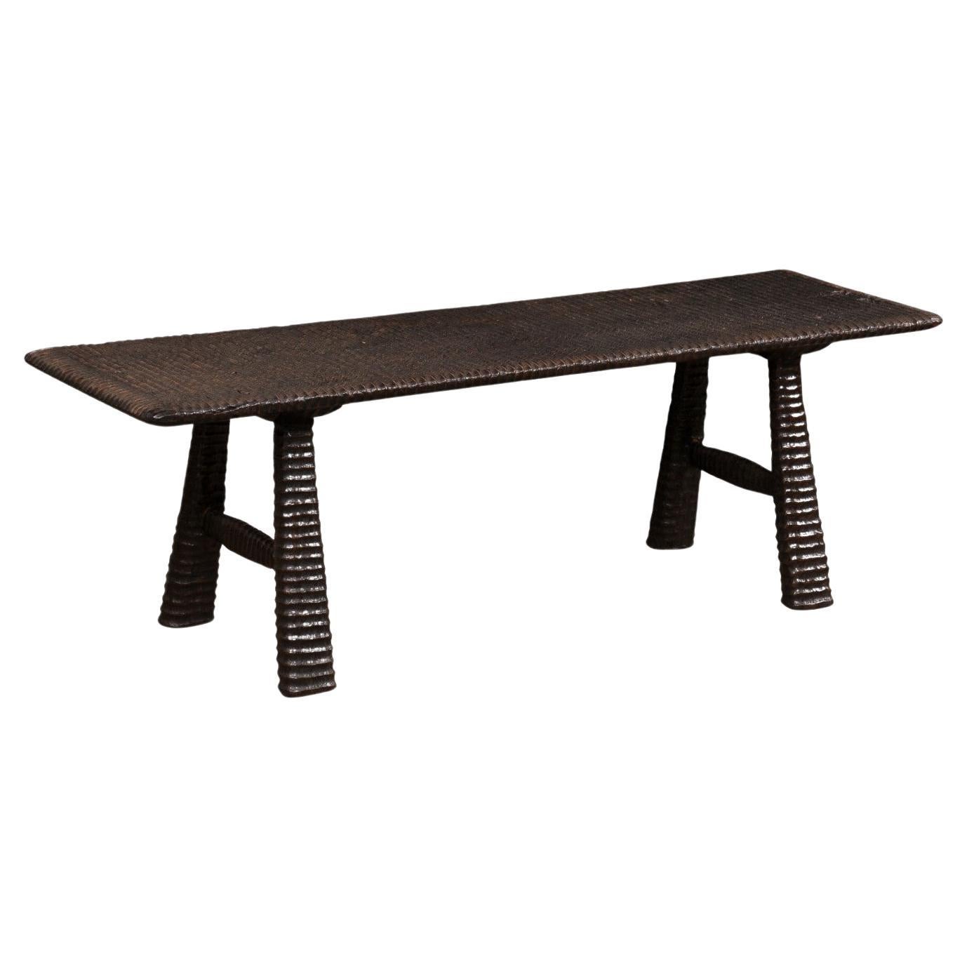 Artisan Crafted Trestle-Leg Bench with Textured and Ebonized Wood