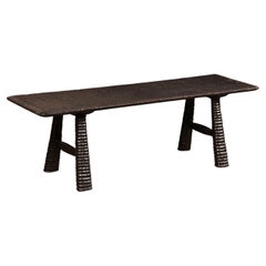 Vintage Artisan Crafted Trestle-Leg Bench with Textured and Ebonized Wood