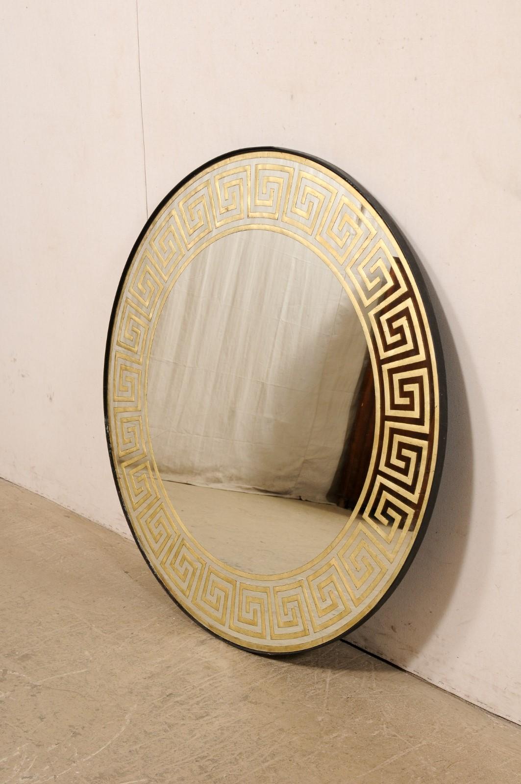 Artisan Created Round Églomisé Greek Key Mirror, 2 Available  In Excellent Condition For Sale In Atlanta, GA