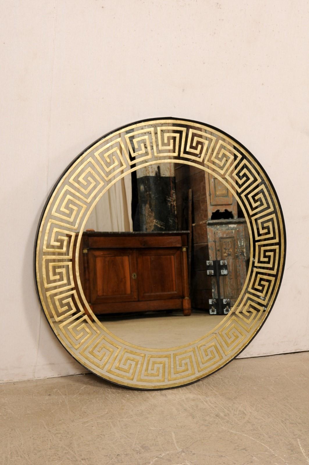 Contemporary Artisan Created Round Églomisé Greek Key Mirror, 2 Available  For Sale