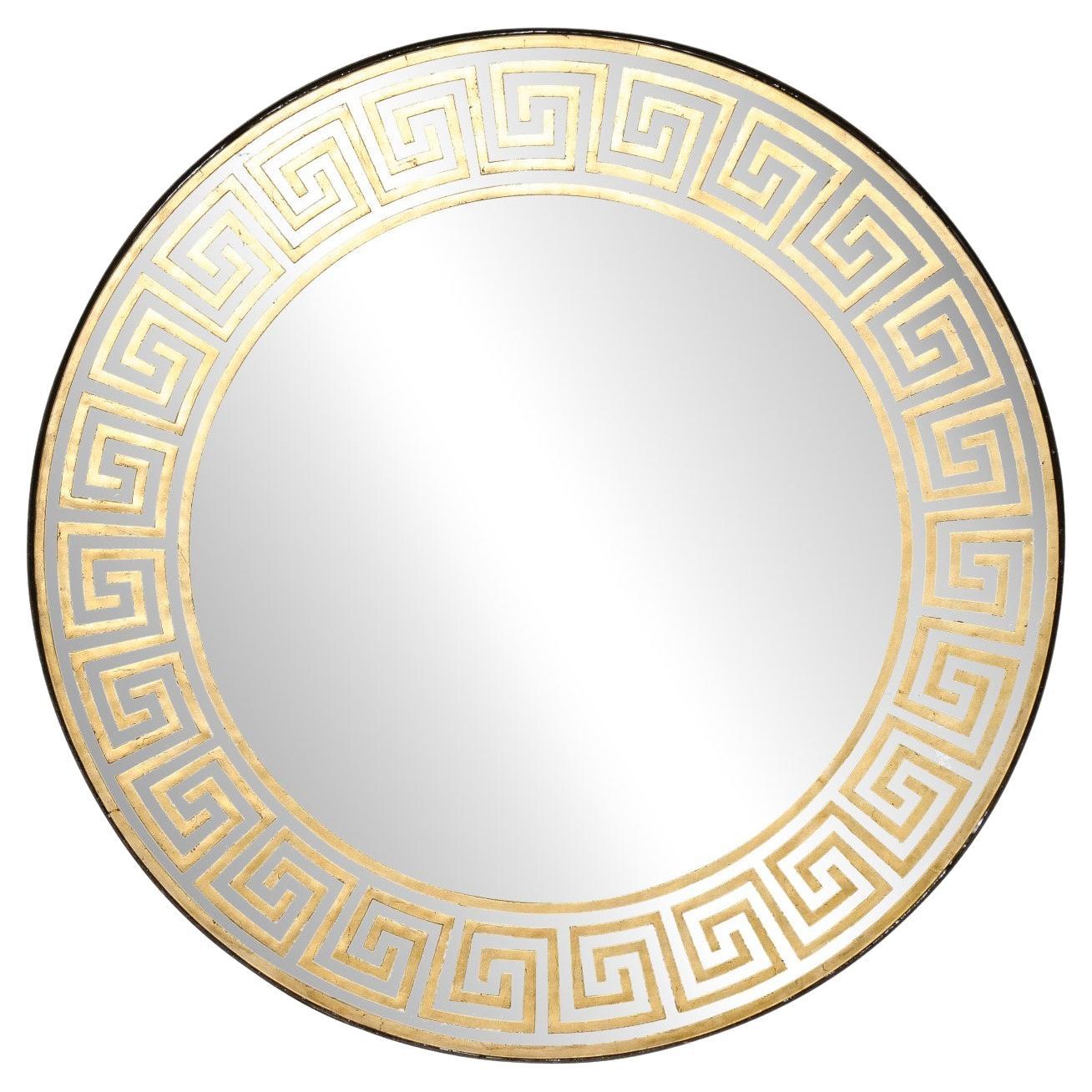 Artisan Created Round Églomisé Greek Key Mirror, 2 Available  For Sale