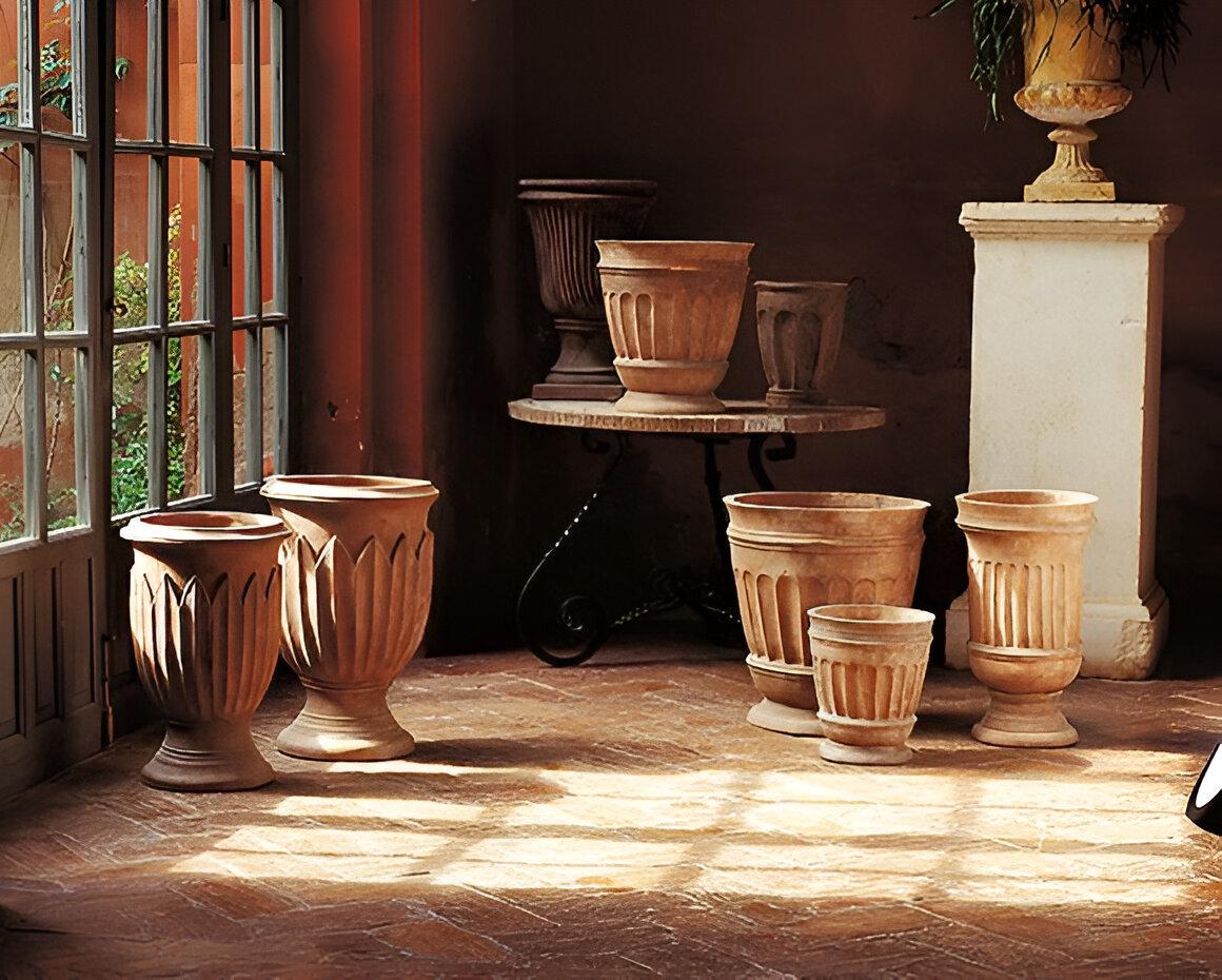 Spanish Colonial Artisan Cup-Shaped Natural Terracotta Planter Classic Design Custom Finish Avail For Sale