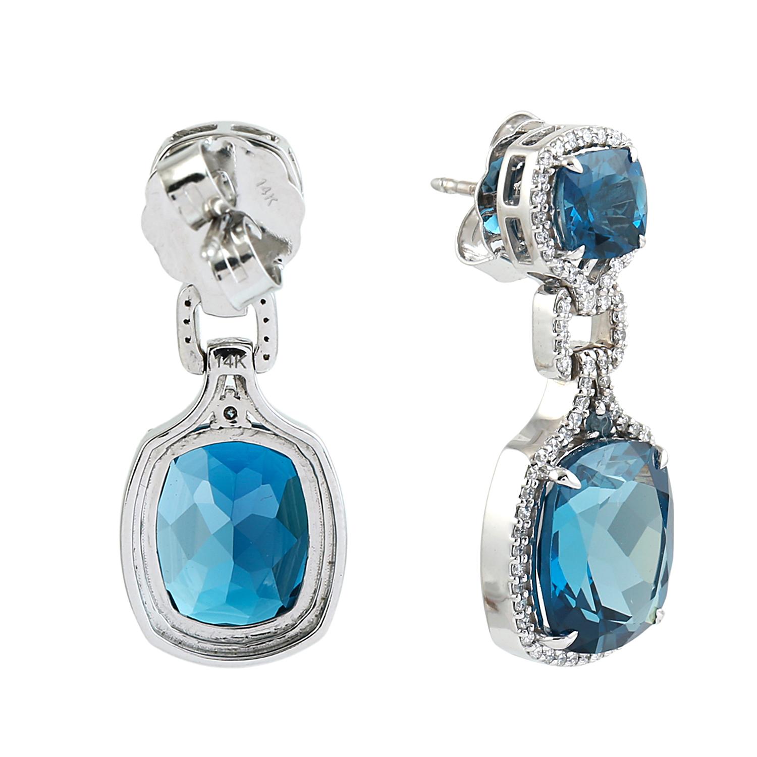 Taille mixte Boucles d'oreilles Artisan Topaze bleue taille coussin avec diamant Or blanc 14K en vente