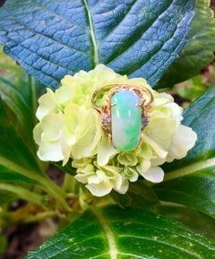 Artisan Custom 18 Karat Yellow Gold Variegated Apple Green Jade and Diamond Ring