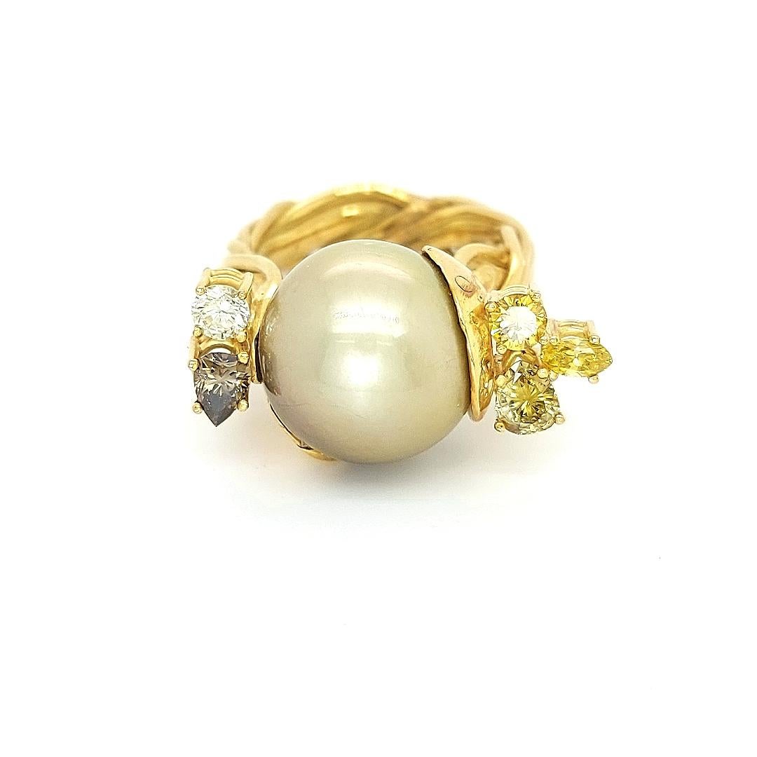 18kt Yellow Gold Artisan De Saedeleer Tahiti Pearl and 1.22ct Diamonds Ring In New Condition For Sale In Antwerp, BE