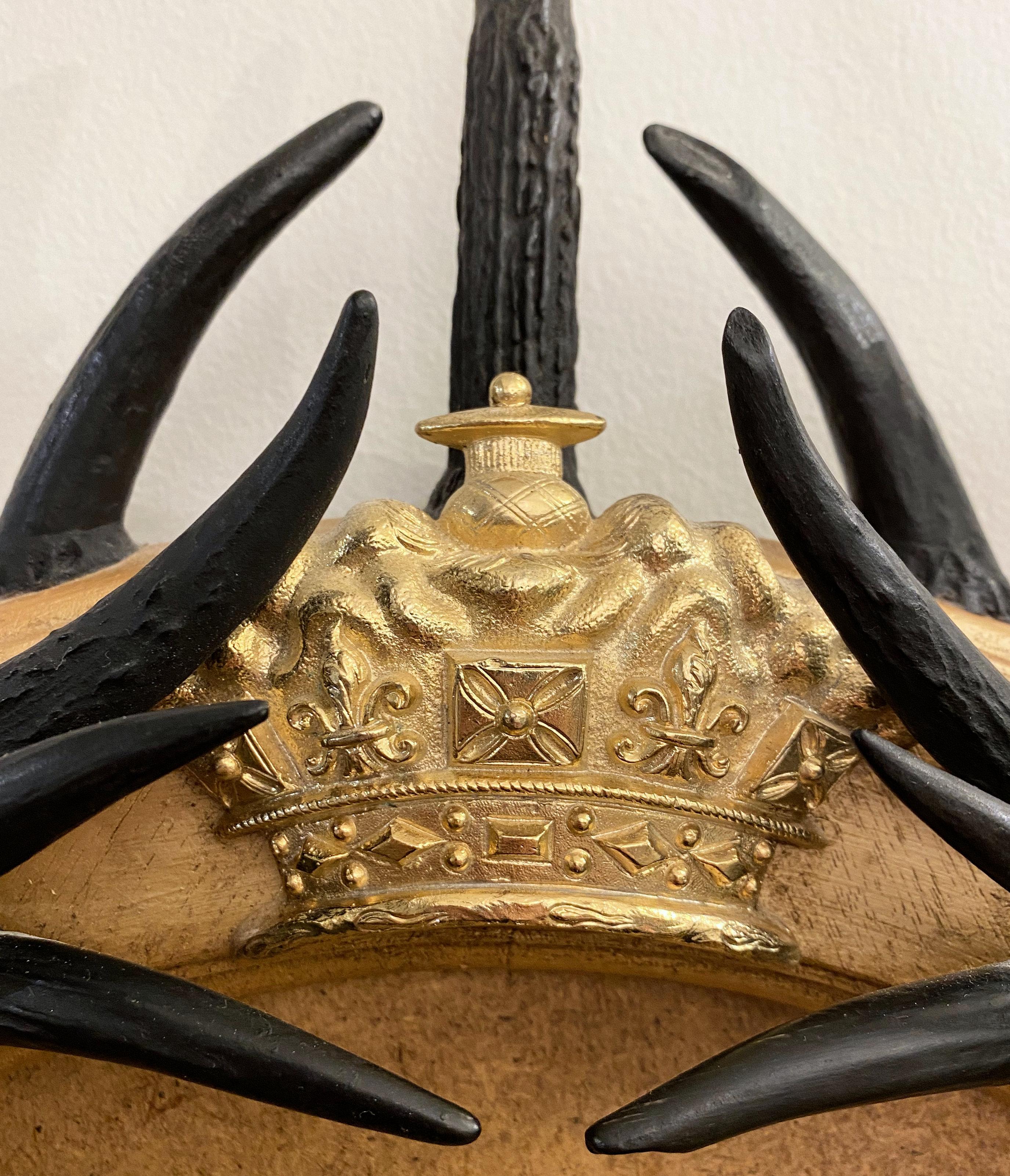 Contemporary Artisan Designed Dark Antler Oval Mirror with a Crown Motif