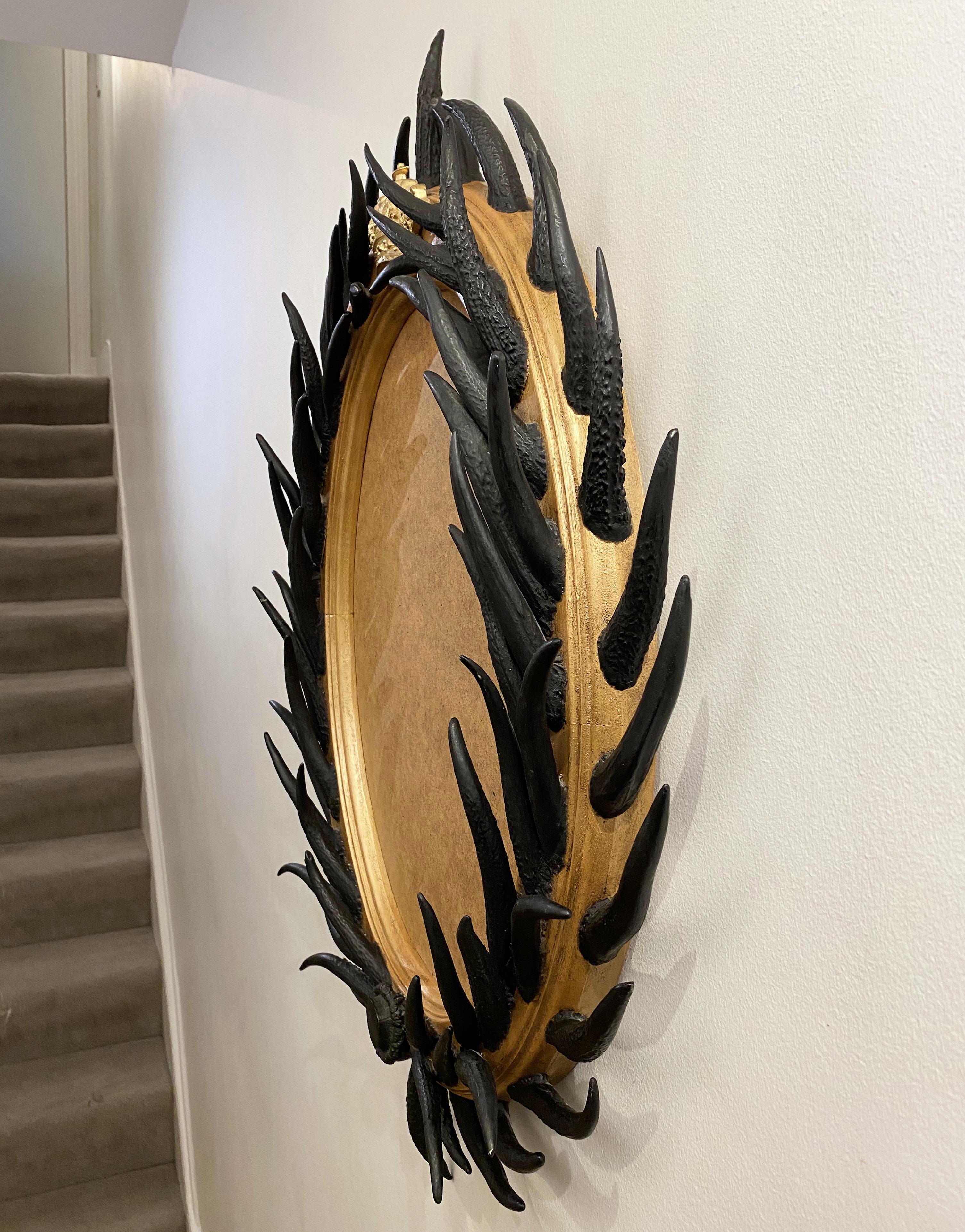 Artisan Designed Dark Antler Oval Mirror with a Crown Motif 2