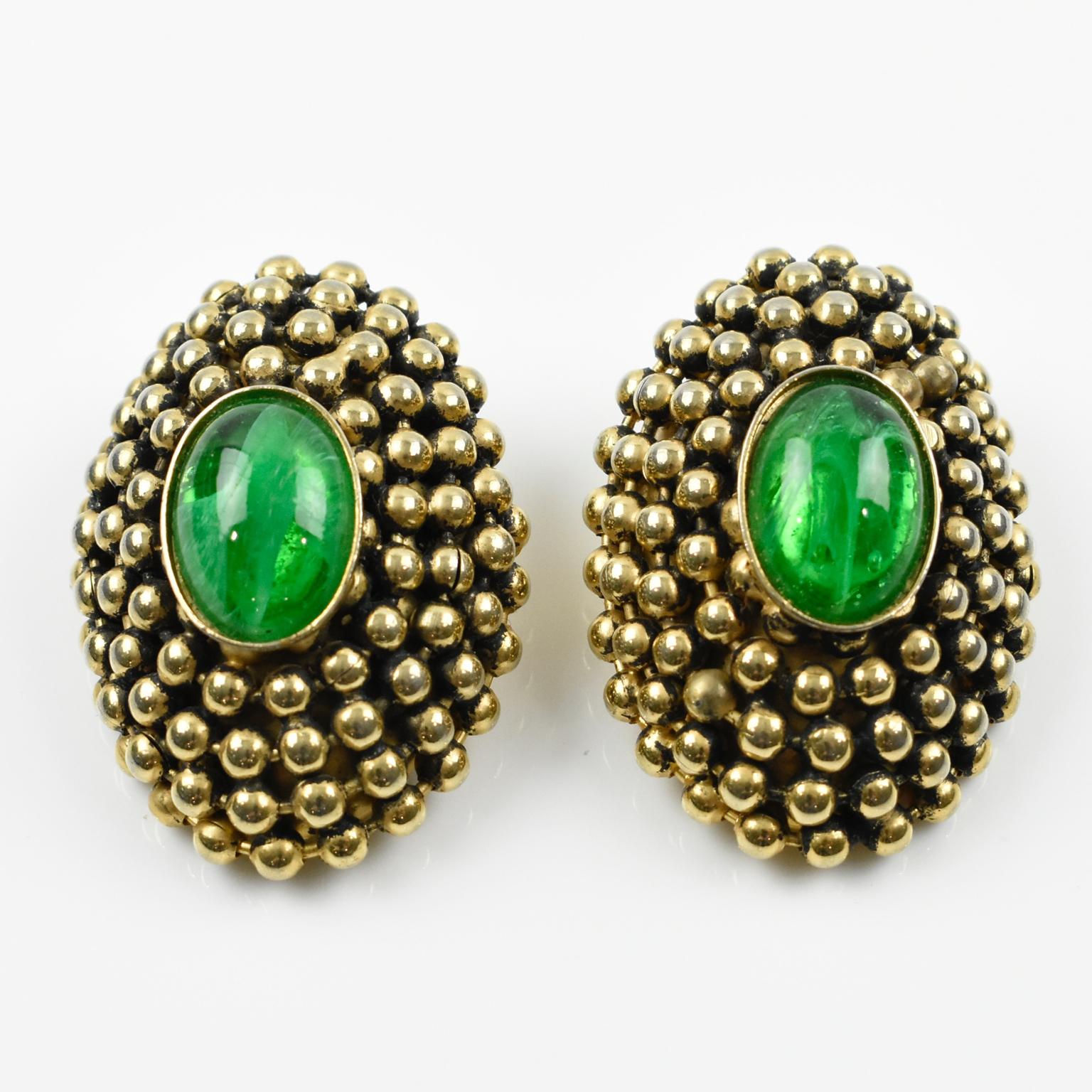 Byzantine Artisan Designer Clip Earrings Gripoix Green Poured Glass Cabochon