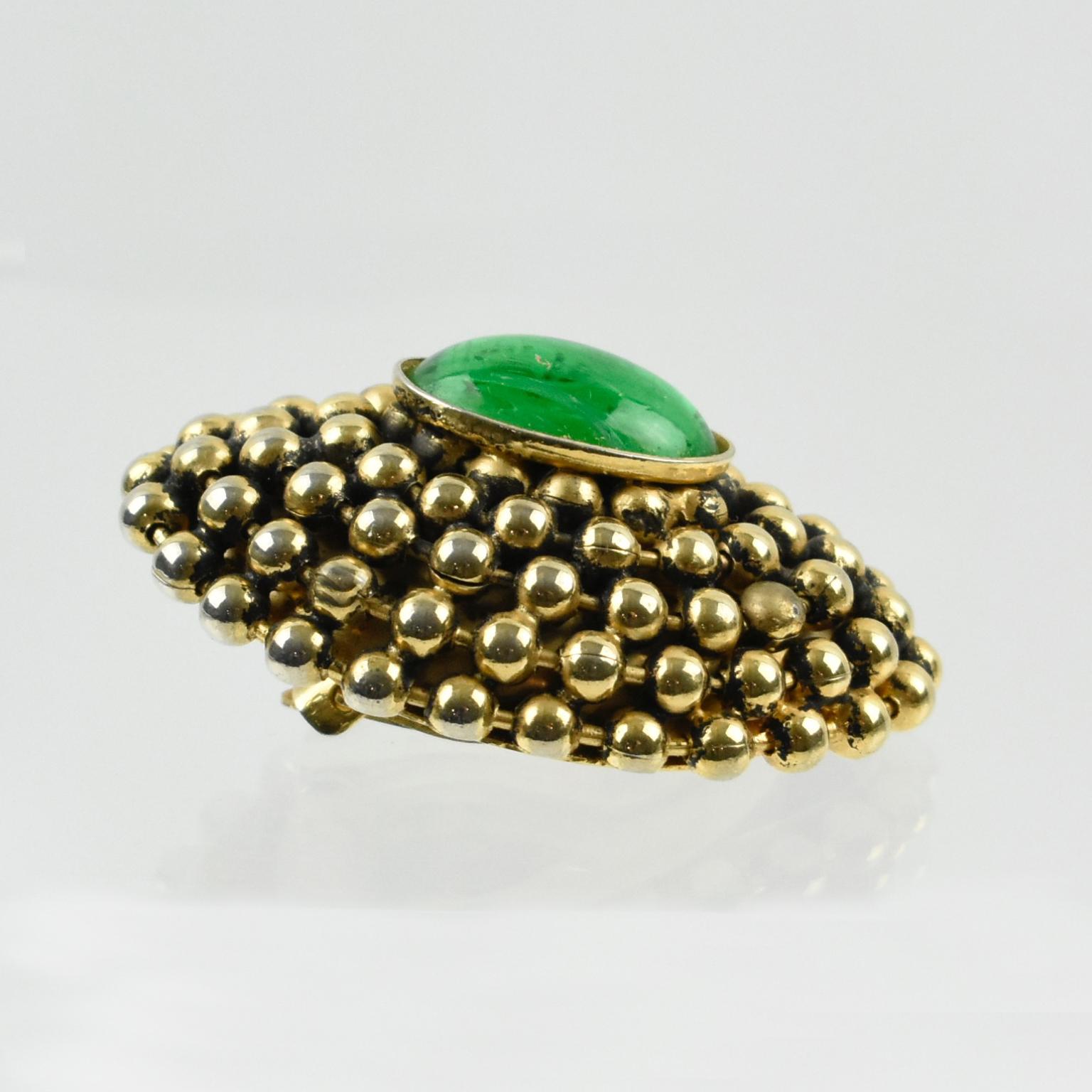 Women's Artisan Designer Clip Earrings Gripoix Green Poured Glass Cabochon