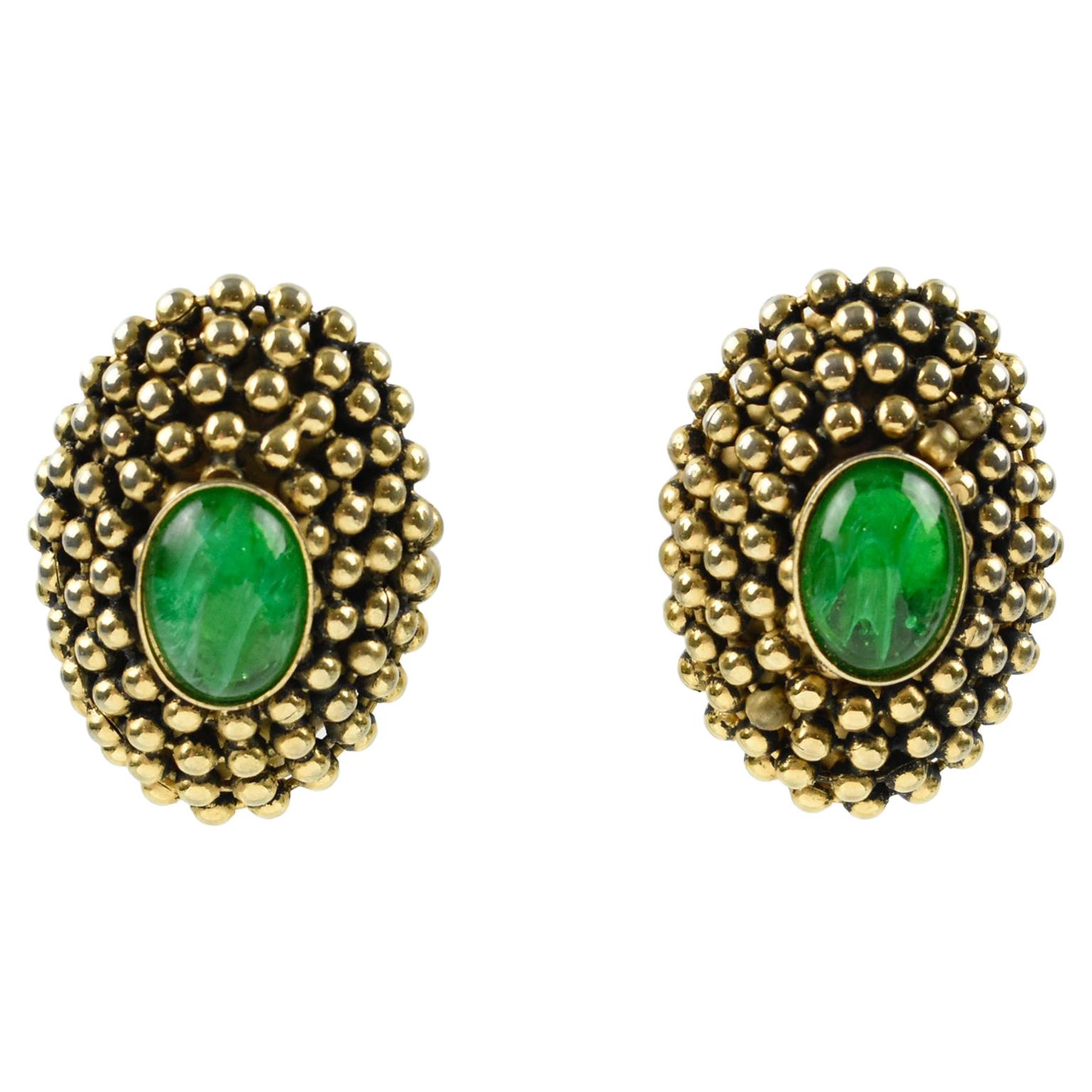 Artisan Designer Clip Earrings Gripoix Green Poured Glass Cabochon