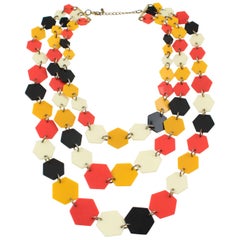 Artisan Designer Lucite Multi-Strand Necklace Orange Black Cream Losange