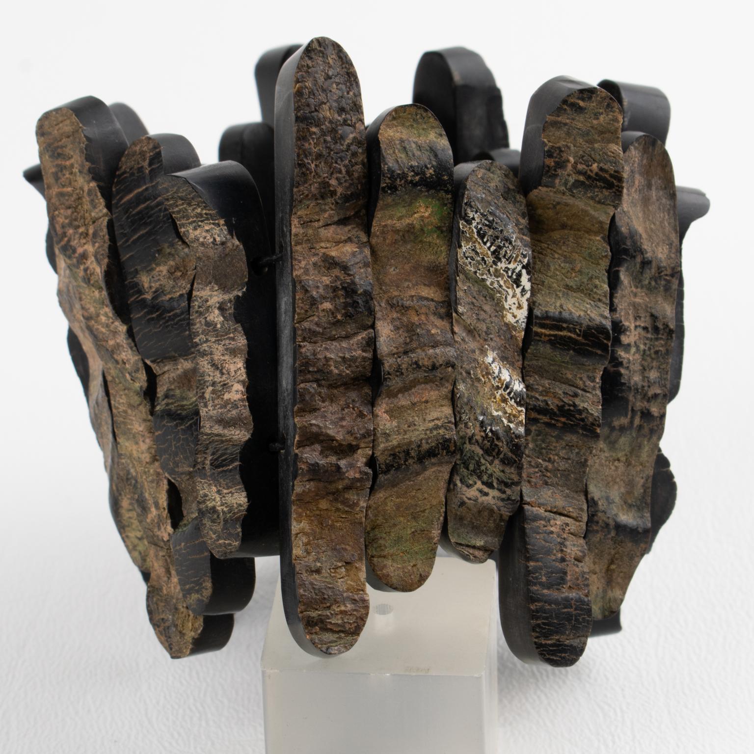 Artisan Designer Studio Brutalist Driftwood Carved Stretch Bracelet For Sale 1