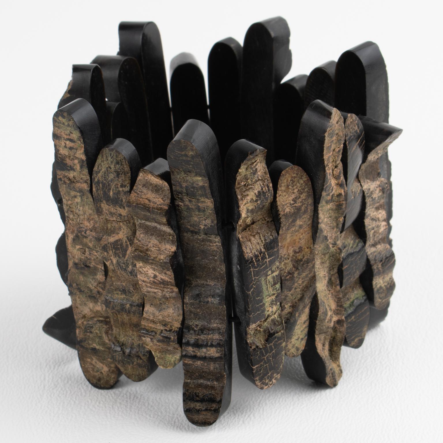 Artisan Designer Studio Brutalist Driftwood Carved Stretch Bracelet For Sale 3