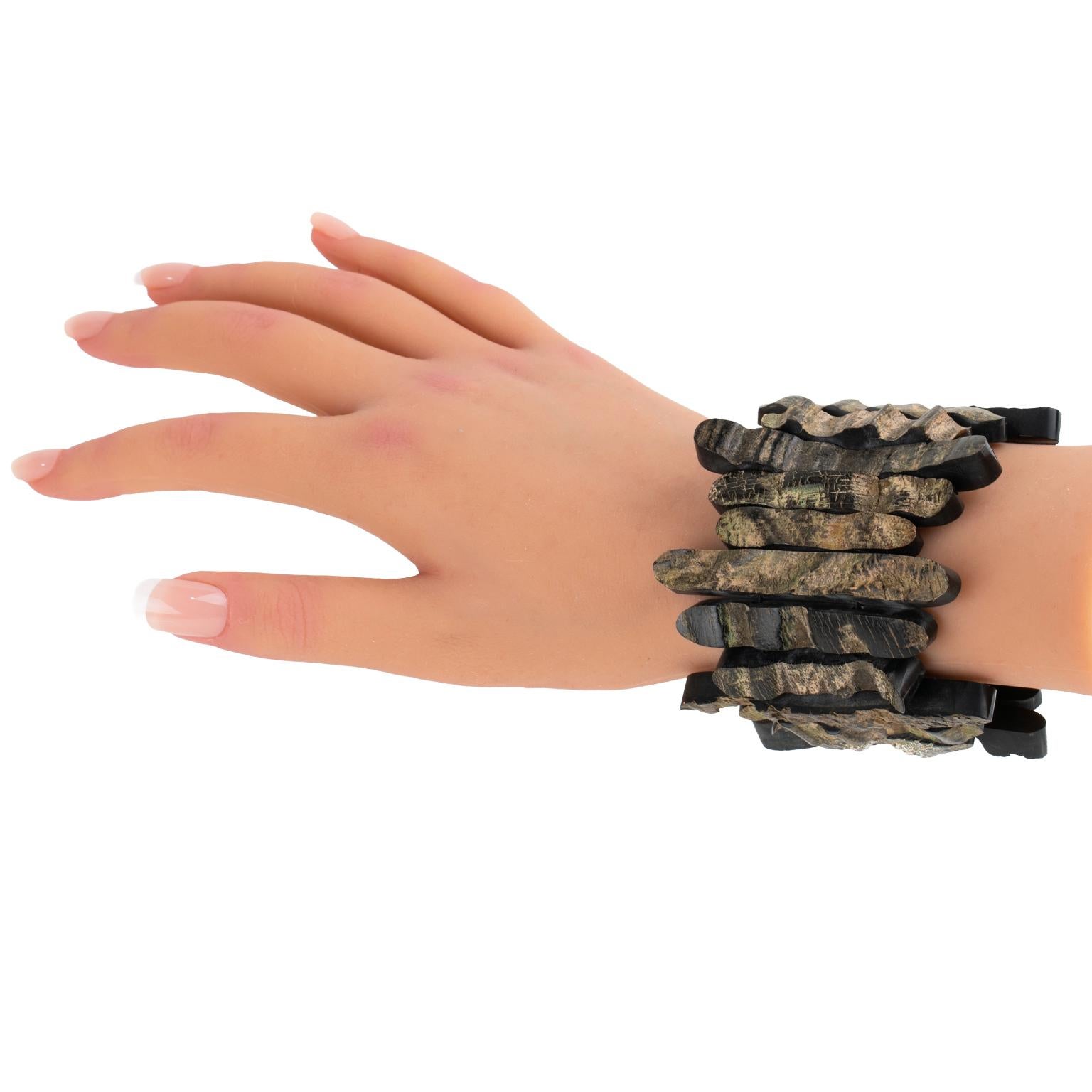 Artisan Designer Studio Brutalist Driftwood Carved Stretch Bracelet For Sale 4