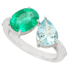 Artisan Emerald and Aquamarine Bypass Ring with Diamonds 18K White Gold
