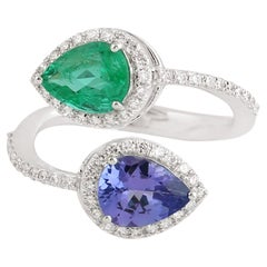 Kunsthandwerklicher Smaragd und Tansanit Bypass Ring mit Diamant 18K Weißgold