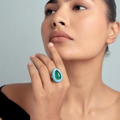 Artisan Emerald and Turquoise Pear Cocktail Ring with Diamonds 18K white Gold