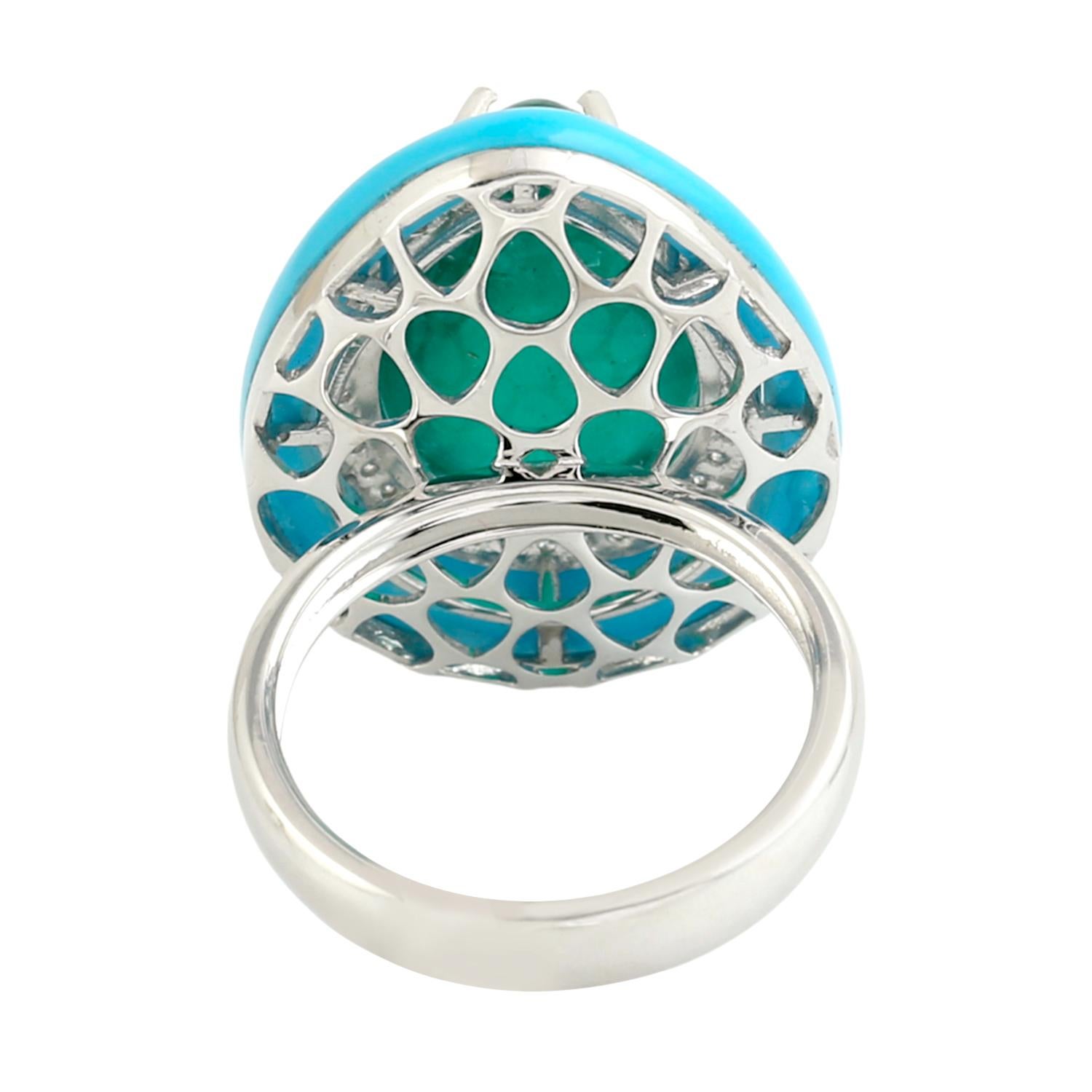 Artisan Smaragd und Türkis Birne Cocktail Ring mit Diamanten 18K Weißgold (Kunsthandwerker*in) im Angebot