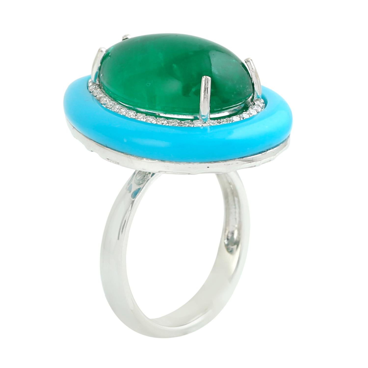 Artisan Smaragd und Türkis Birne Cocktail Ring mit Diamanten 18K Weißgold (Gemischter Schliff) im Angebot