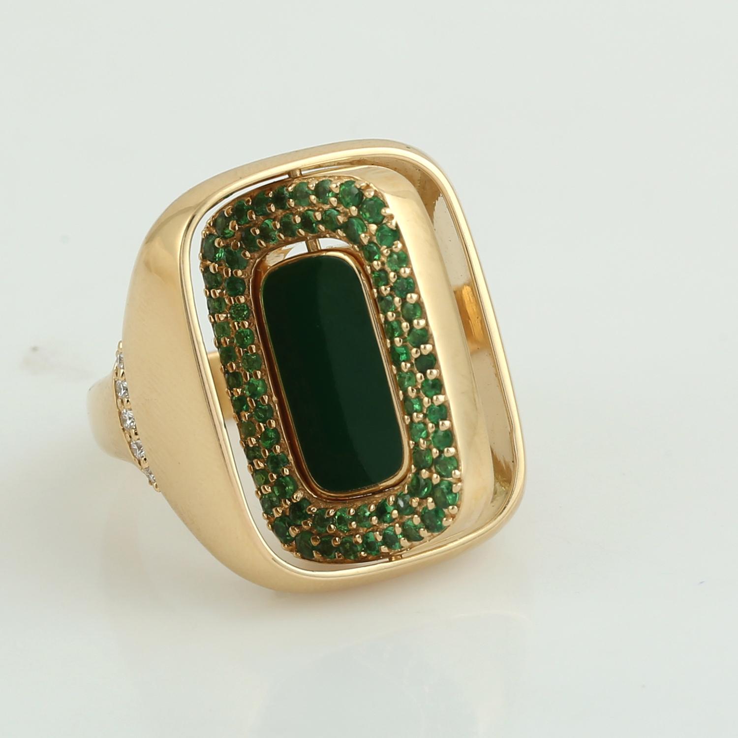 Geometrischer Ring mit Emaille und Tsavorit und Diamant 18K Gelbgold (Art déco) im Angebot