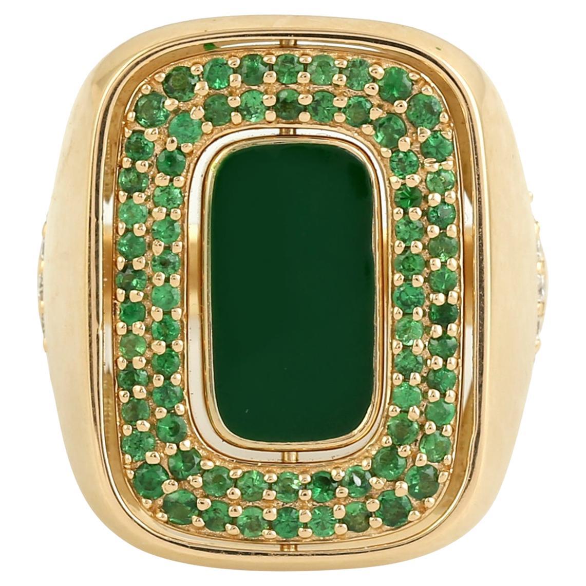Anillo Geométrico Artesano Esmalte y Diamante Tsavorita Oro Amarillo 18K