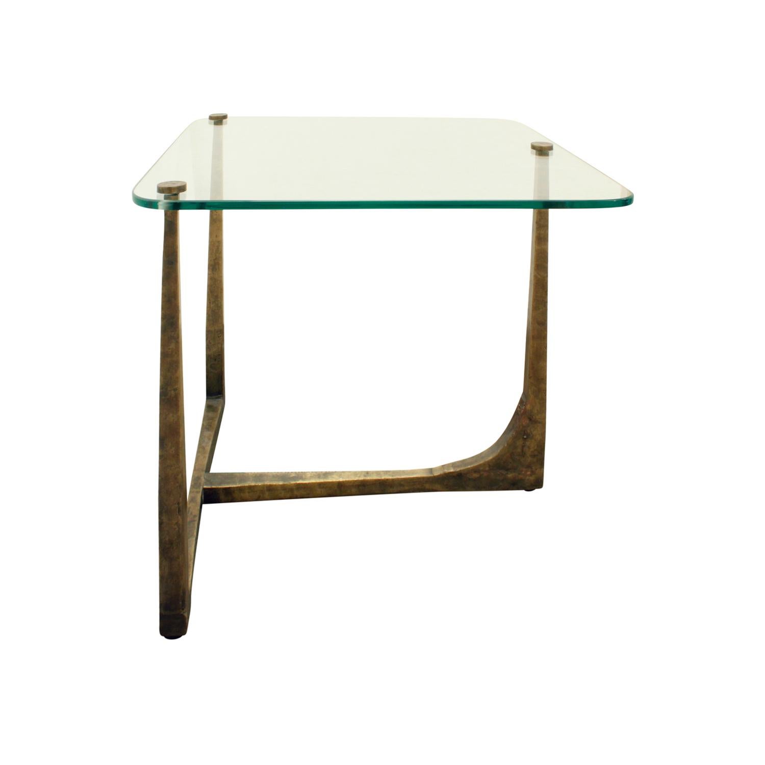 Brutalist Artisan End Table in Hammered Bronze with Custom Glass Top, 1970s