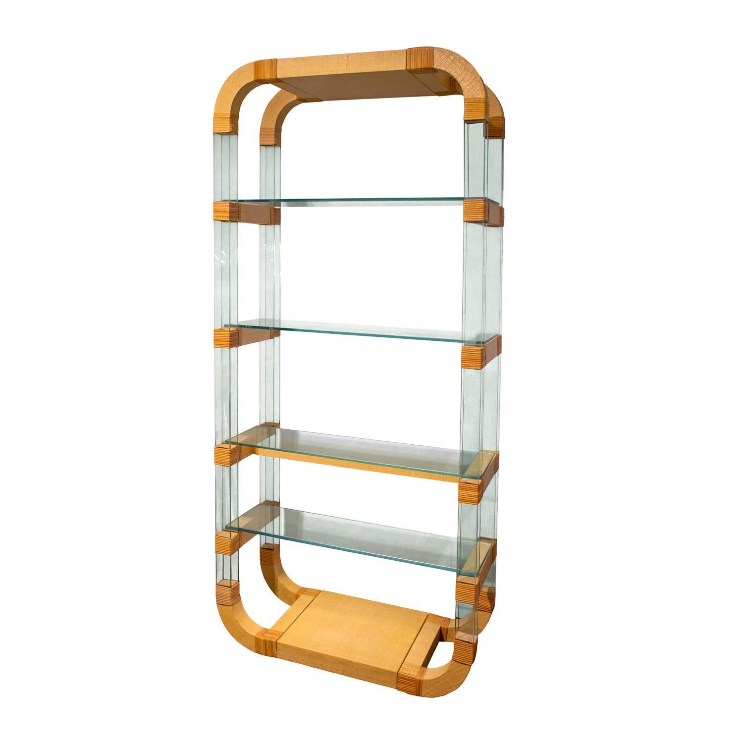 Mid-Century Modern Artisan Etagere with Glass Frame and Rattan Accents 1970s For Sale