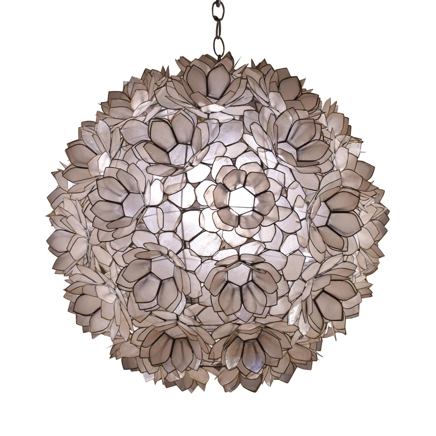 Artisan flower chandelier with round shade made of translucent sea shells, Philippines, 1970's. The overall drop can be customized.