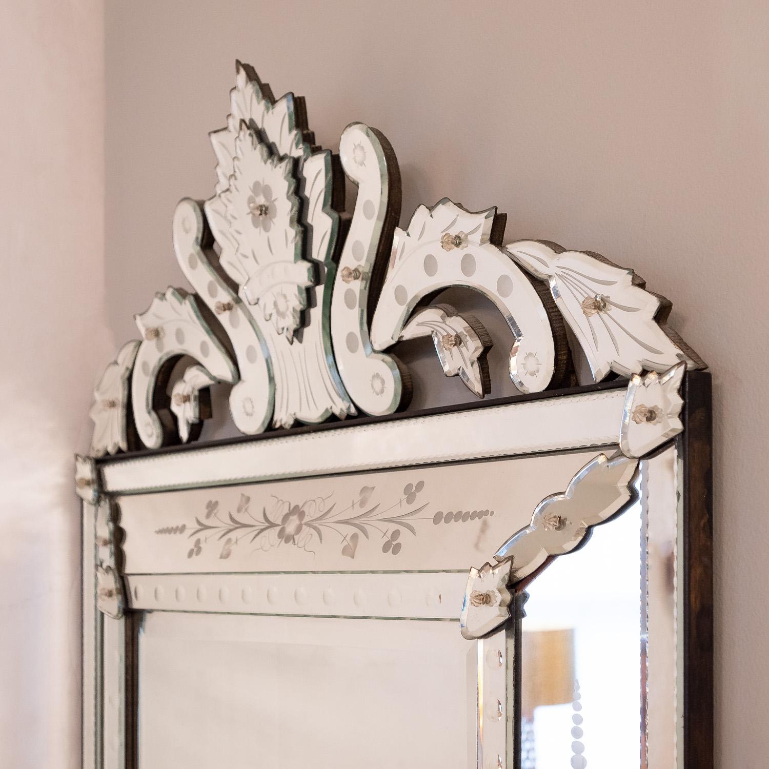 Neoclassical Artisan French Mirror with Reverse Etched Design 1940s For Sale